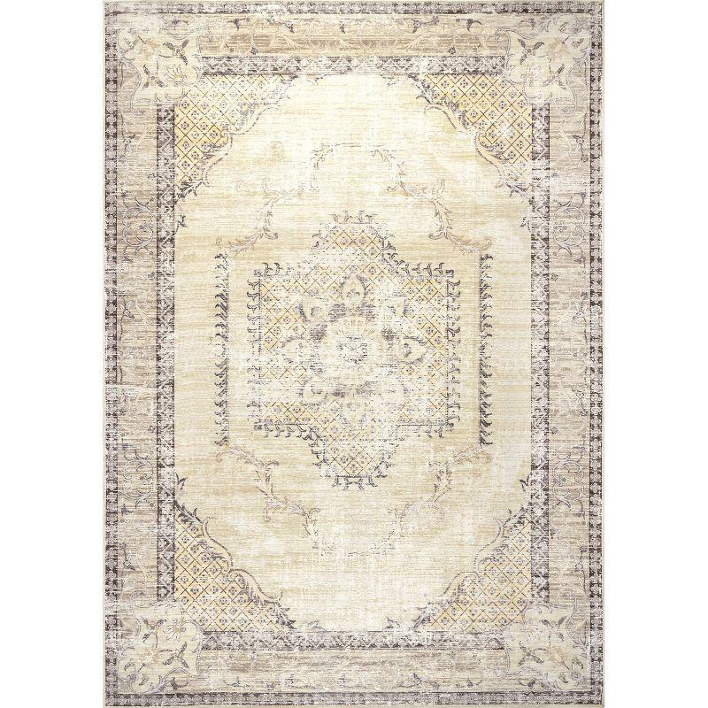 Glenda Light Gray Medallion Washable Synthetic Area Rug