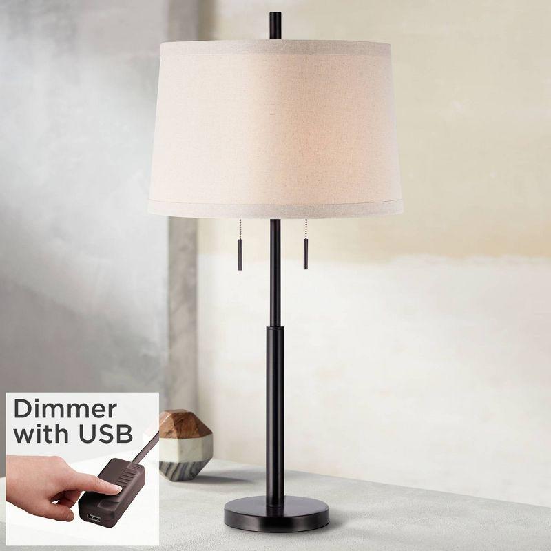 Dark Bronze Stick Buffet Table Lamp with Off-White Burlap Shade and USB