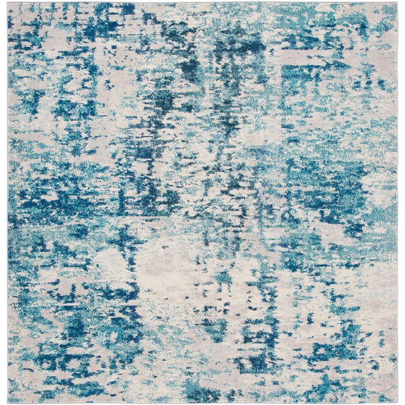 Ivory and Turquoise Square Abstract Synthetic Area Rug