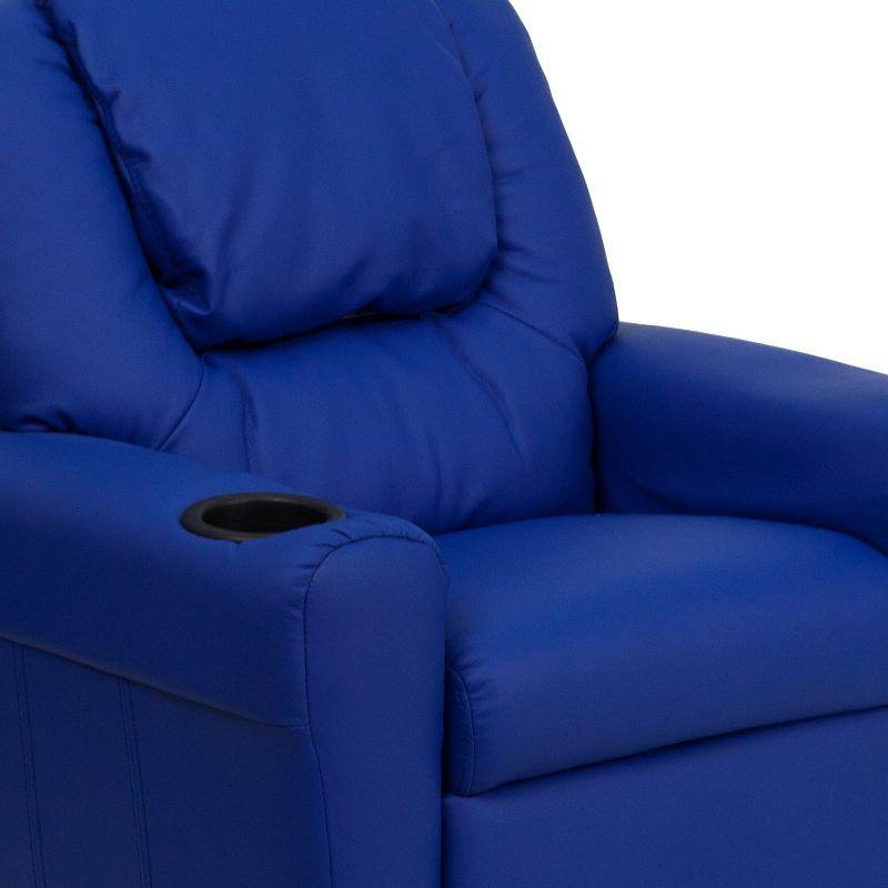 Blue Vinyl Kids Recliner with Wood Frame and Cup Holder