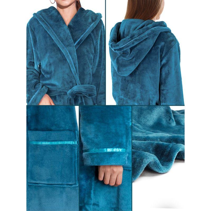 PAVILIA Fleece Robe For Women, Plush Warm Bathrobe, Fluffy Soft Spa Long Lightweight Fuzzy Cozy, Satin Trim (With Hood - Sea Blue, Large-X-Large)