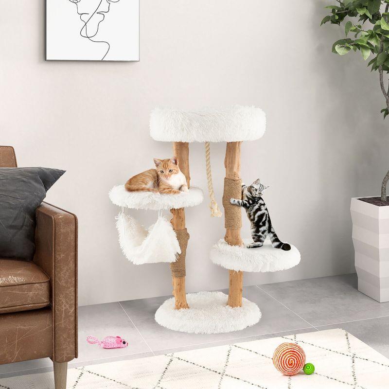 Tangkula 34" Tall Wooden Cat Tree Solid Wood Cat Tower with Jute Scratching Posts