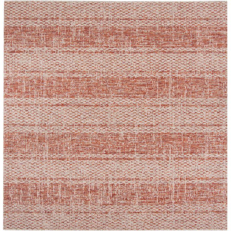 6'7" Square Off-White and Terracotta Synthetic Area Rug