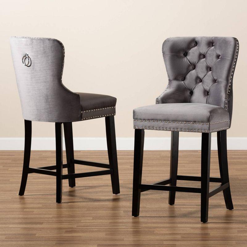 2pc Howell Modern Velvet Upholstered Wood Counter Height Barstool Set Gray/Brown - Baxton Studio: Polyester, Fixed Height