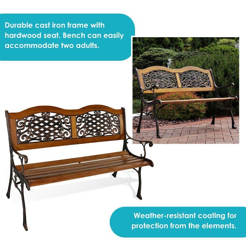 Sunnydaze 2-Person Ivy Crossweave Design Cast Iron and Wood Frame Outdoor Garden Bench