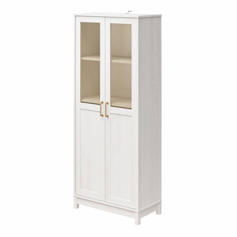 Ivory Oak 2-Door Storage Cabinet with Gold Mesh Doors