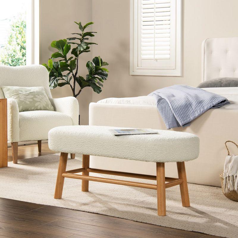 Ivory White Boucle Upholstered Bedroom Bench with Natural Wood Legs