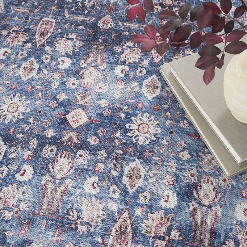 Blue and Brick Floral 5' x 7' Washable Synthetic Rug