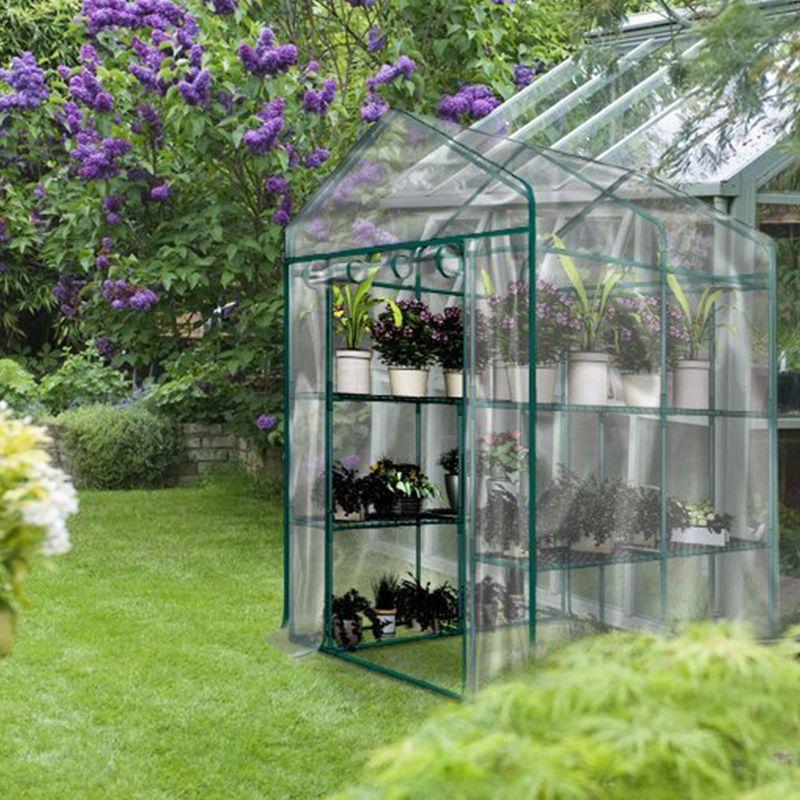 Clear PVC Walk-In Greenhouse with 8 Shelves and Steel Frame