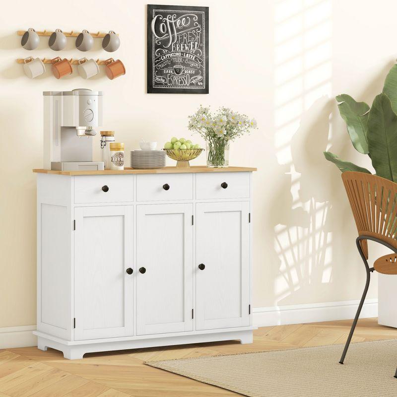 HOMCOM Kitchen Storage Cabinet, Sideboard Floor Cupboard with Solid Wood Top, Adjustable Shelf, and 3 Drawers for Living Room, Distressed White