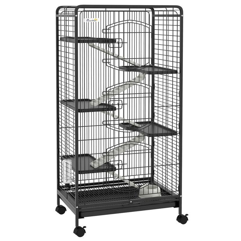 PawHut 6 Level Small Animal Cage for Dwarf Rabbits, Pet Mink, and Chinchillas w/ Removable Tray, Ramp, Water Bottle, Food Dish, Indoor, Black