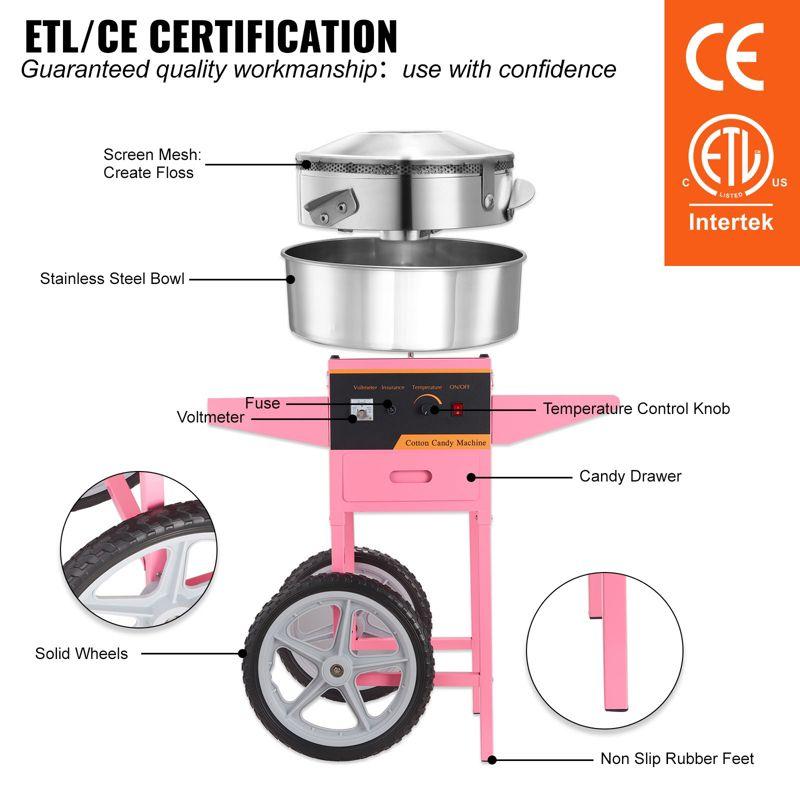 VEVOR Electric Cotton Candy Machine with Cart, 1000W Commercial Floss Maker with Stainless Steel Bowl, Sugar Scoop and Drawer, Pink