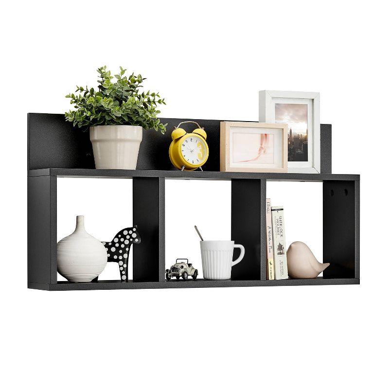 Danya B. 31.5" x 15.7" Modern 3 Cube Floating Wall Shelf with Display Ledge Black: Mid-Century Style, MDF & Iron