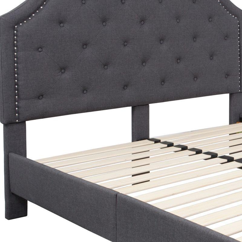 Provence Dark Gray Queen Platform Bed with Tufted Headboard and Gold Nail Trim