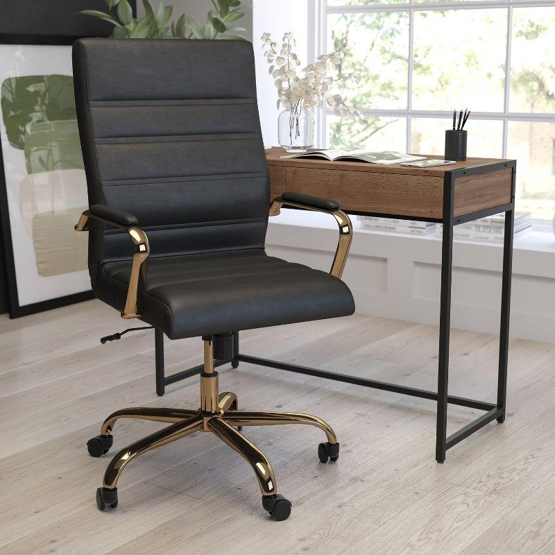 Elegant High-Back Black Faux Leather Office Chair with Gold Accents