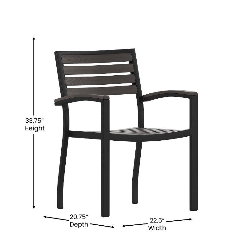 Flash Furniture 2 Pack All-Weather Black Aluminum Patio Stack Chairs - Gray Wash Faux Teak Slats