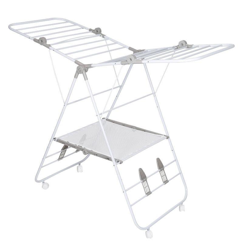 White Folding Steel Rolling Wing Drying Rack with Wheels