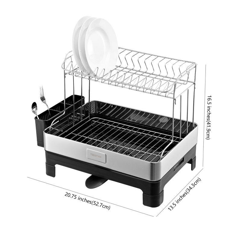 happimess Simple 20.75" Fingerprint-Proof Stainless Steel 2-Tier Dish Drying Rack with Swivel Spout Tray, Stainless Steel/Black