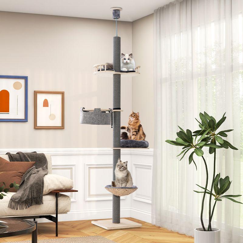 Costway 5-Tier Floor to Ceiling Cat Tree w/93"-107" Adjustable Height Cozy Hammock & Bed