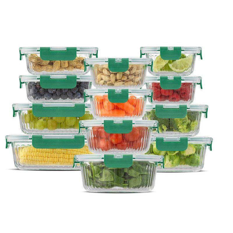 JoyJolt Fluted Glass Food Storage Containers with Leakproof Lids, Set of 12