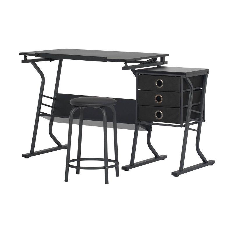 Studio Designs Home 2pc Eclipse Ultra Center/Drawing Table with Angle Adjustable Top, Storage Shelf, and Drawers with Padded Stool Set Black