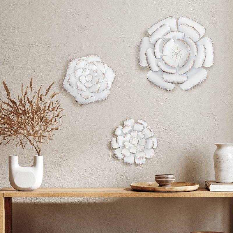 Brewster (Set of 3) Lani White Flowers Metal Wall Arts: Iron Sculptures, Modern Decor, Nature Inspired