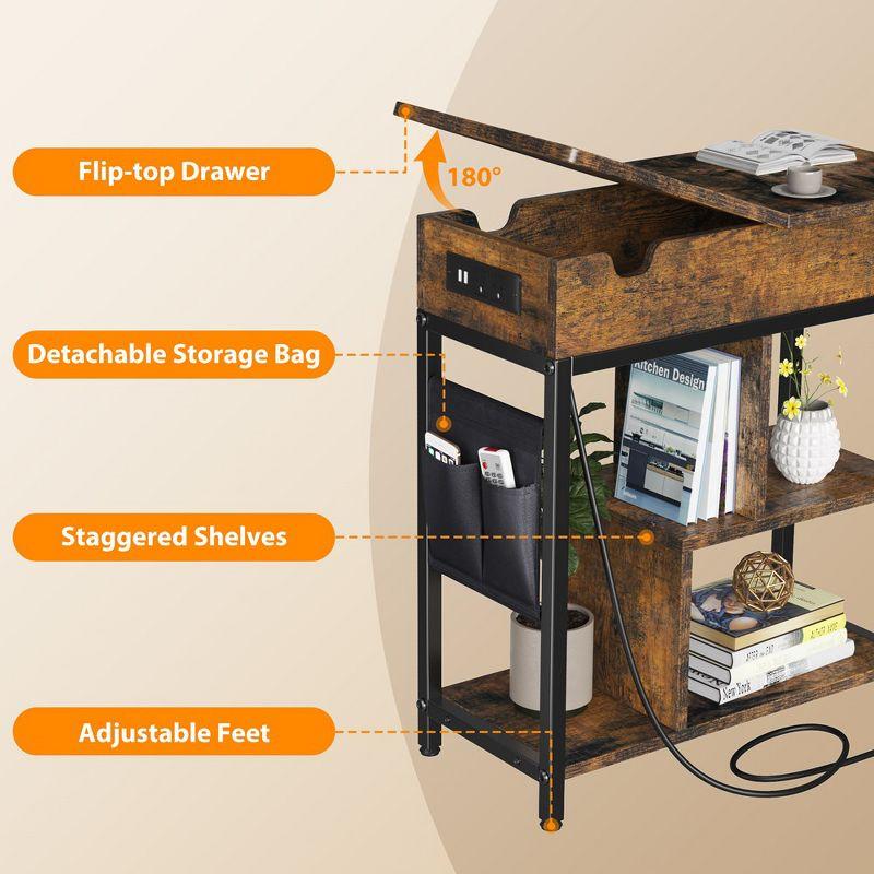 End Table with Charging Station, Narrow Side Table Nightstand with Outlets USB Ports and Storage