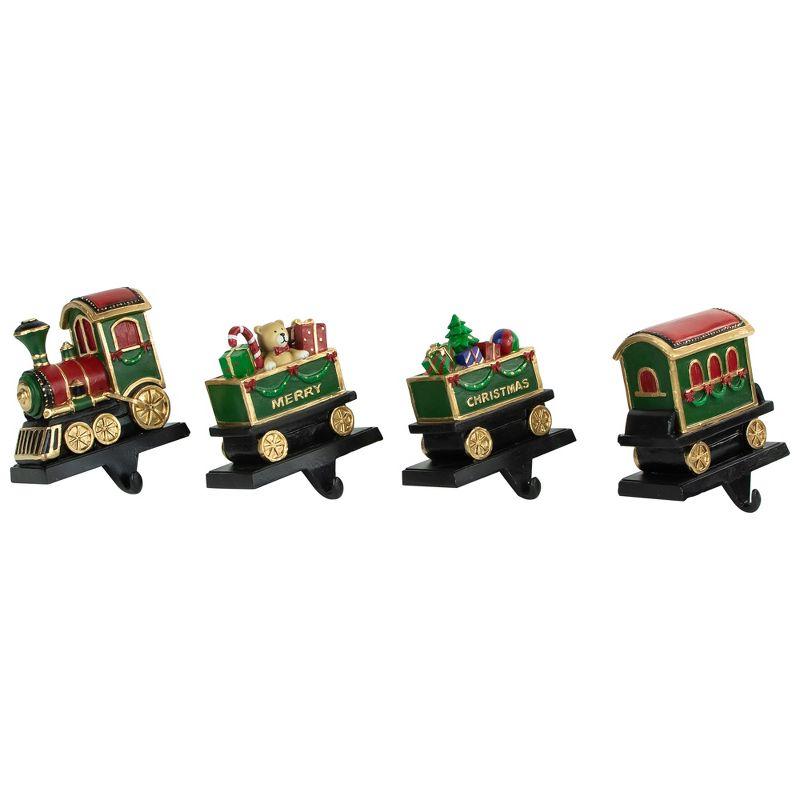 Festive Polyresin Red and Green Train Stocking Holders Set