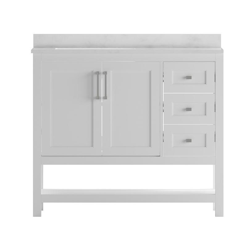 Merrick Lane Bathroom Vanity with Ceramic Sink, Carrara Marble Finish Countertop, Storage Cabinet with Soft Close Doors, Open Shelf and 3 Drawers