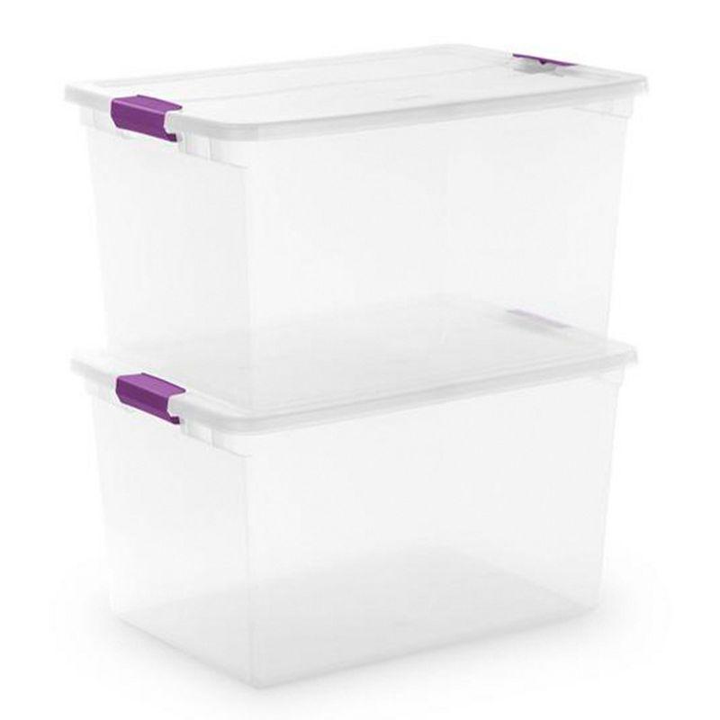 Sterilite 66 Qt ClearView Latch Storage Box, Stackable Bin with Latching Lid, Plastic Container to Organize Clothes in Closet, Clear Base, Lid, 6-Pack