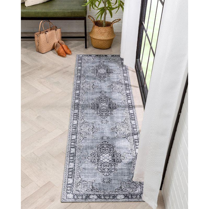 Elegant Grey Medallion Synthetic 2'1" x 7'3" Machine Washable Runner Rug