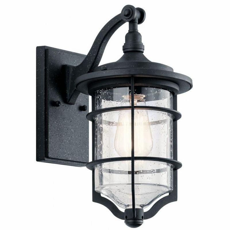 Transitional Black Aluminum Outdoor Wall Lantern with Seeded Glass