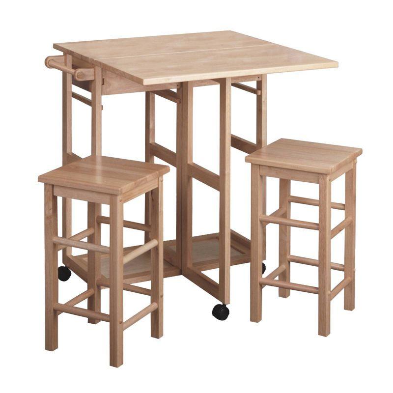 Natural Light Wood Drop Leaf Bar Table with Stools