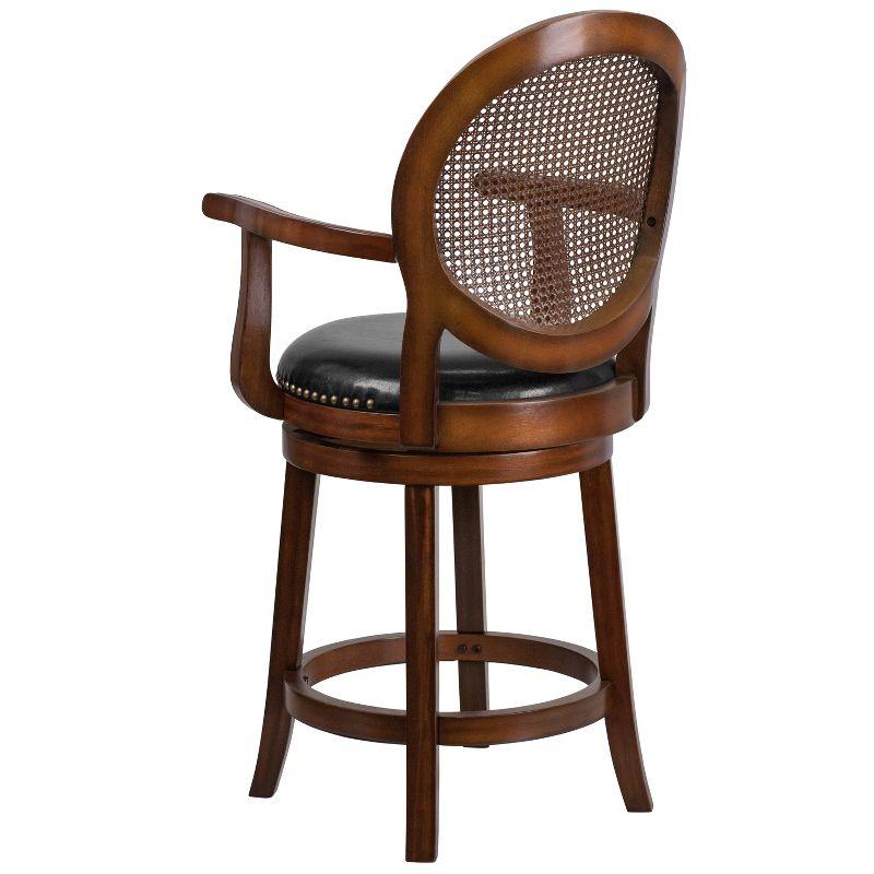 Merrick Lane 26" Swivel Counter Stool with Oval Rattan Back, Arms and Black Faux Leather Upholstered Swivel Seat in Espresso