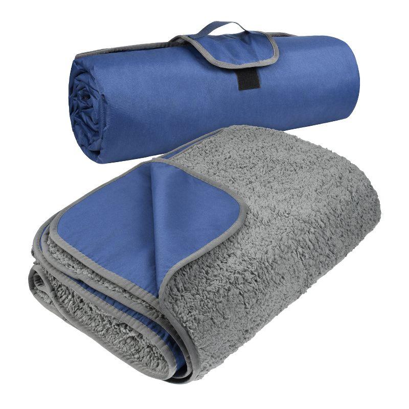 Navy and Grey Waterproof Sherpa Fleece Camping Blanket