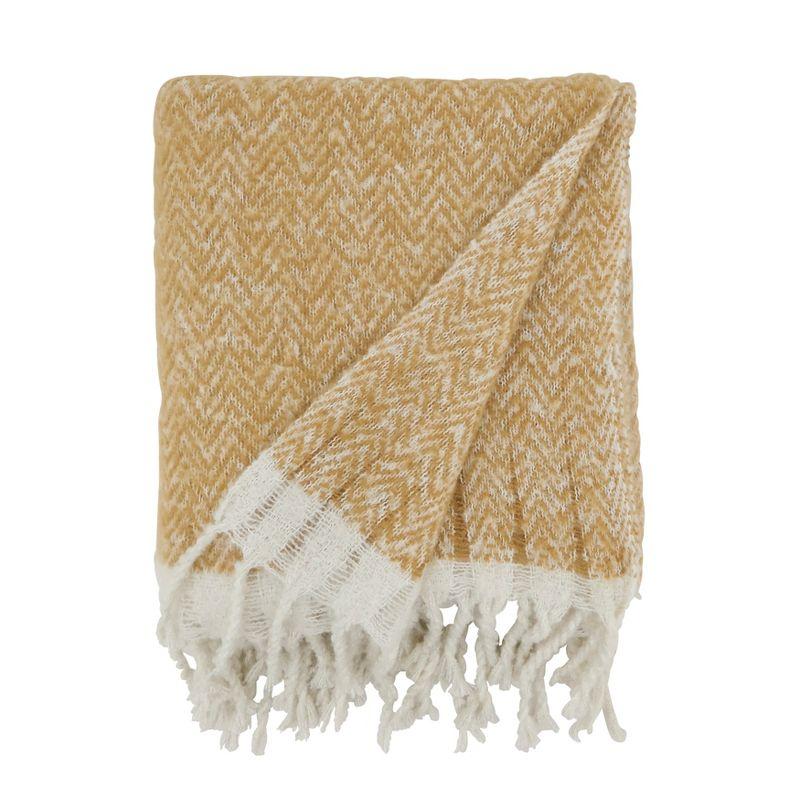 Saro Lifestyle Chic Faux Mohair Herringbone Fringed Throw, Beige, 50"x60"