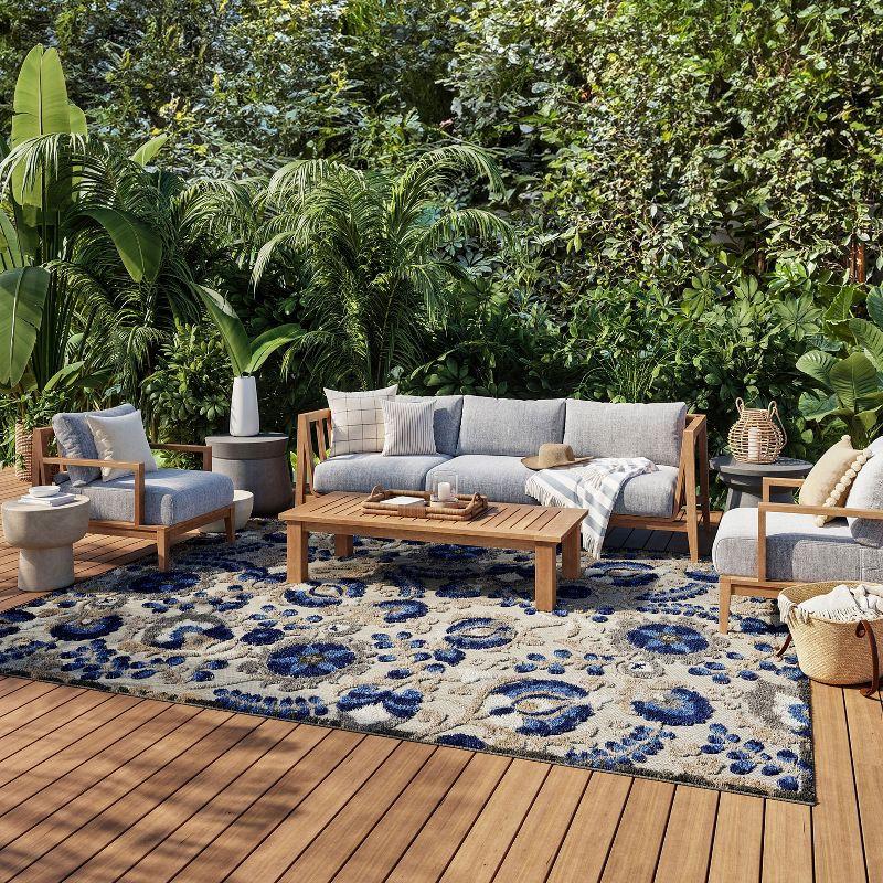 Nourison Aloha Floral Textured Flatweave High-Low Indoor Outdoor Area Rug Natural/Blue 6' x 9'