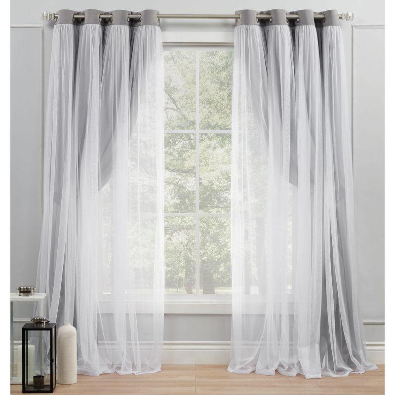 Exclusive Home Catarina Layered Solid Room Darkening Blackout and Sheer Grommet Top Curtain Panel Pair, 52"x84", Soft Grey
