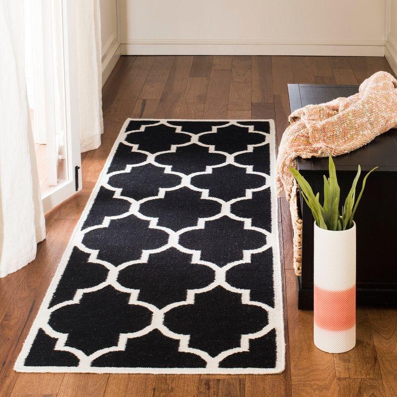 Ivory and Black Geometric Wool Flat Woven Rug