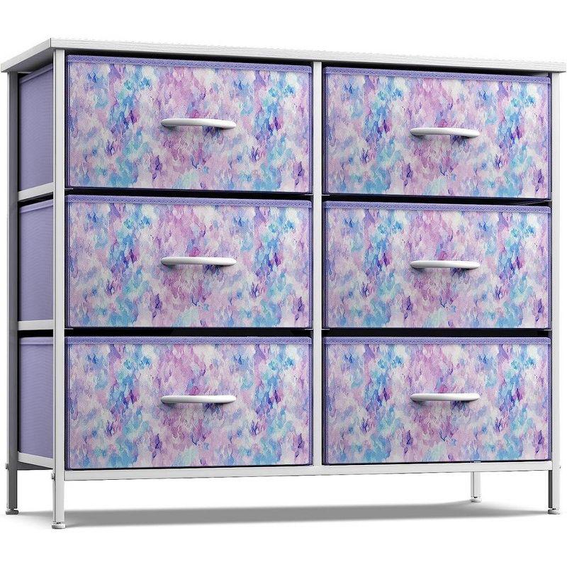 Watercolor Blue-Purple 6-Drawer Fabric Dresser with Steel Frame