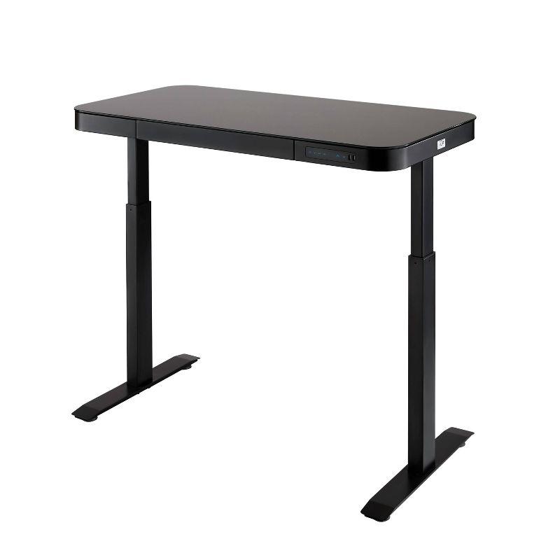 Black Adjustable Height Glass Standing Desk with USB Port and Drawer