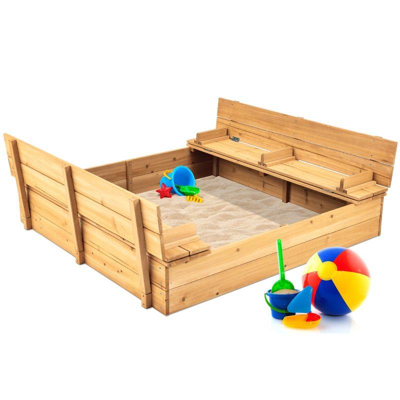 Natural Cedar Wood Kids Outdoor Sandbox with Foldable Benches