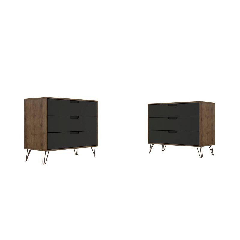Set of 2 Rockefeller 3 Drawer Dresser Nature/Textured Gray - Manhattan Comfort: MDF Bedroom Storage, 6 Drawers