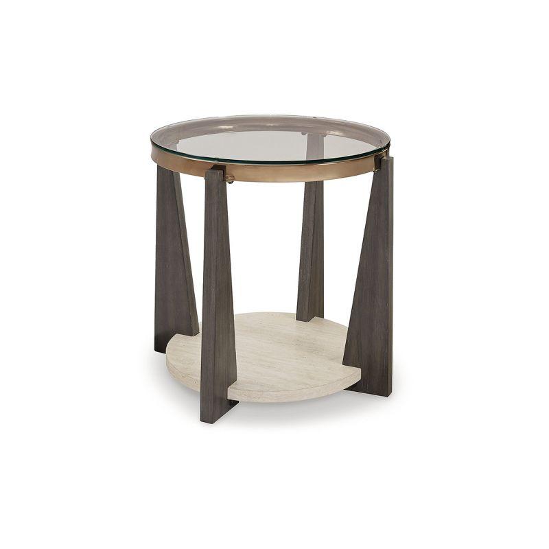 Round Beige and Brown Wood Metal End Table with Glass Top