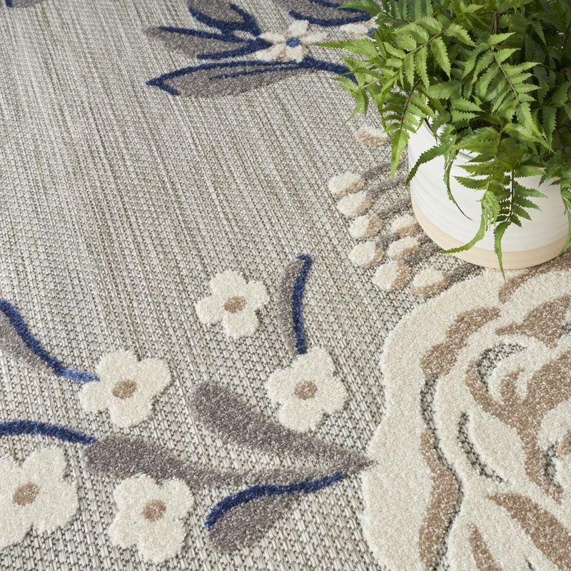 Reversible Blue-Grey Floral Power-Loomed 7' x 10' Outdoor Rug