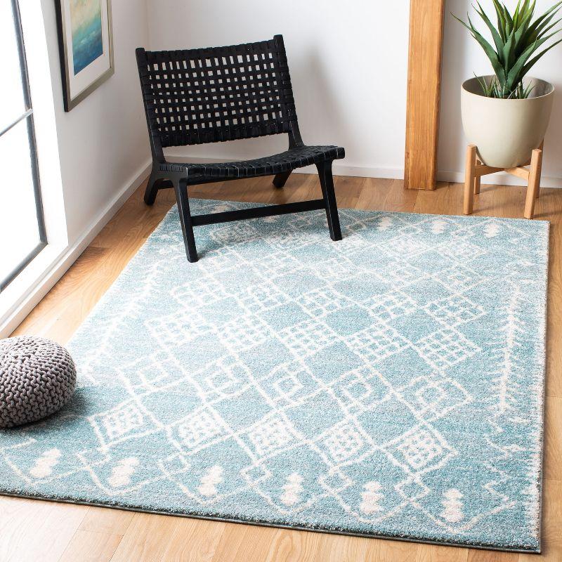 Ivory and Blue Geometric Hand-knotted Synthetic Area Rug 5'x8'