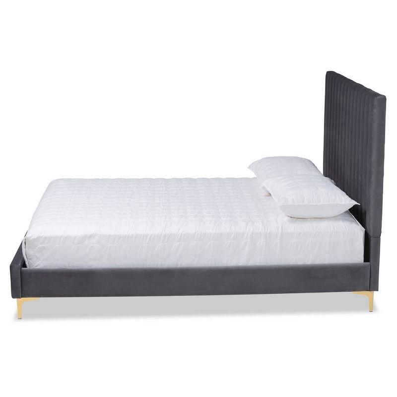 Queen Serrano Velvet Fabric Upholstered and Metal Platform Bed Gray/Gold - Baxton Studio: Channel Tufted, No Box Spring Needed