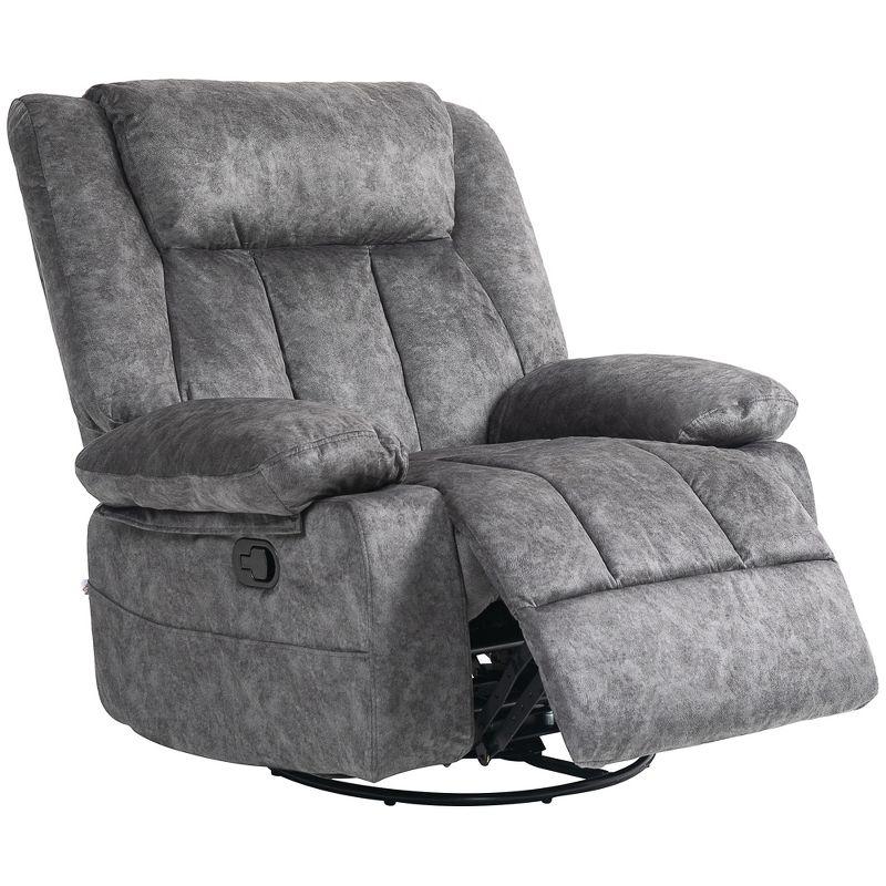 HOMCOM Swivel Rocker Chair, Fabric Upholstered Recliner Chair with Cushion, with Footrest, Side Pockets, Charcoal Gray