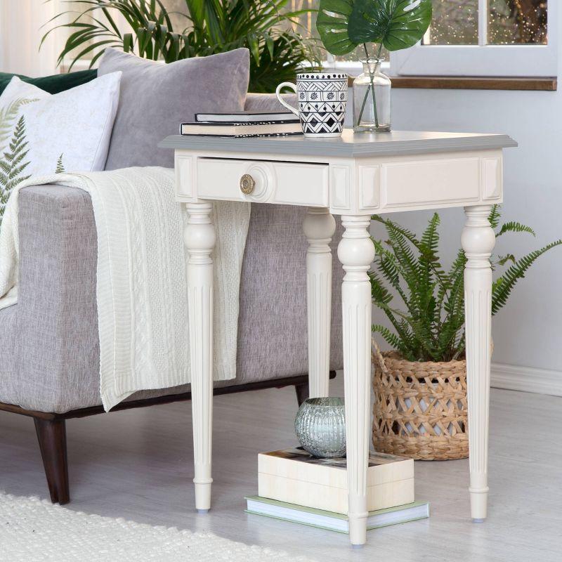 Cream and Gray Wood Side Table with Drawer and Fluted Legs