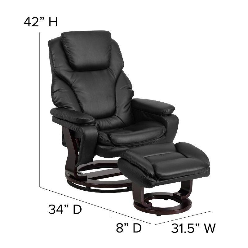 Black Leather Swivel Recliner with Ottoman and Wood Base